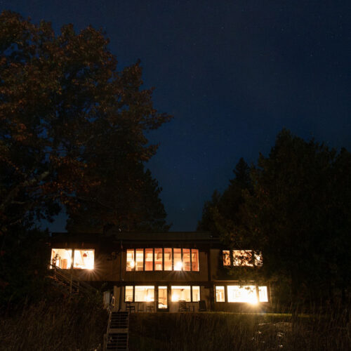 Nighttime serenity: a cozy mid-century retreat shining softly in the woods