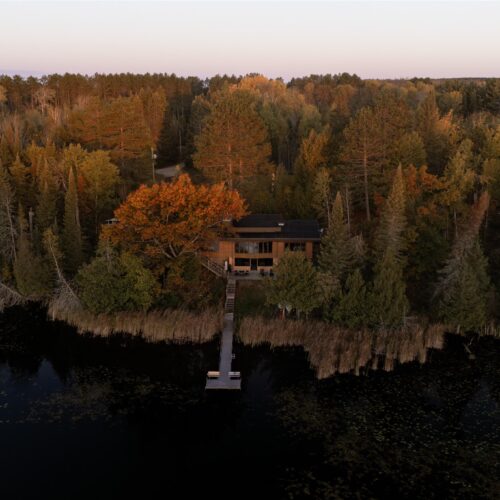 A bird’s-eye view of your secluded 30-acre Northwoods lakefront retreat.