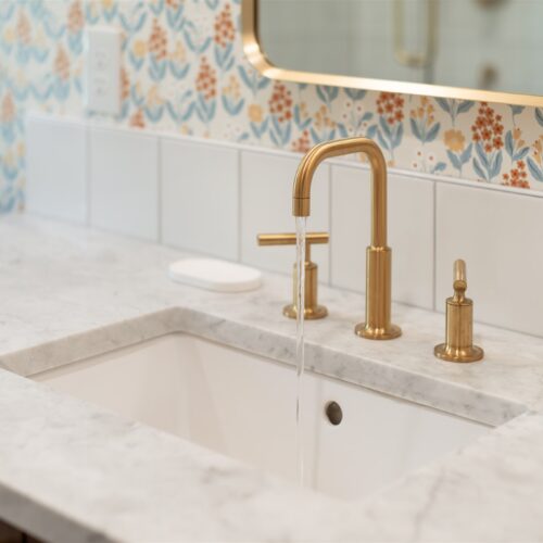 A clean, modern vanity blending mid-century design with everyday comfort.