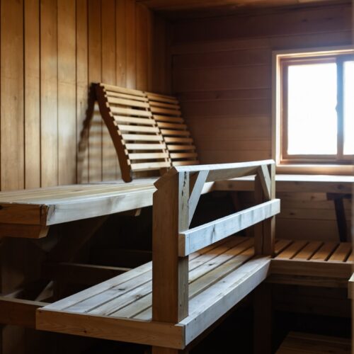 Spacious cedar sauna with seating for eight and serene lake views.
